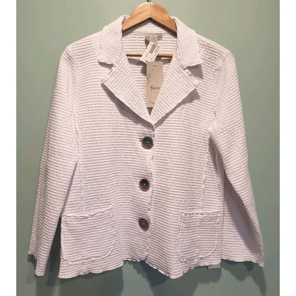 New Focus White Waffle Lightweight Button Up Summer Jacket Pockets Sz M